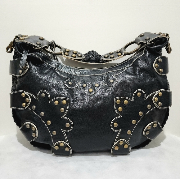 Isabella Fiore Black Leather Studded Braided Hobo Shoulder Bag Boho Western Chic - Picture 3 of 15